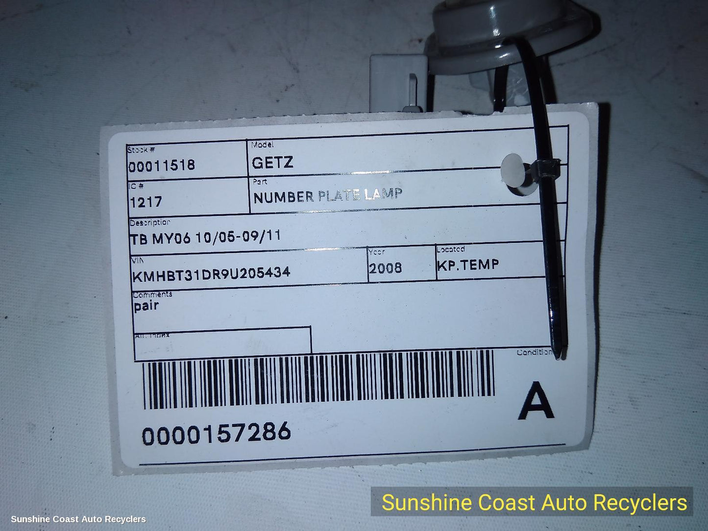 2008 Hyundai Getz Number Plate Lamp